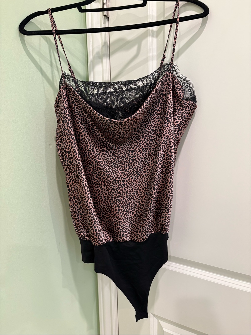 Victoria's Secret Pink Leopard Satin Bodysuit with Black Lace Trim